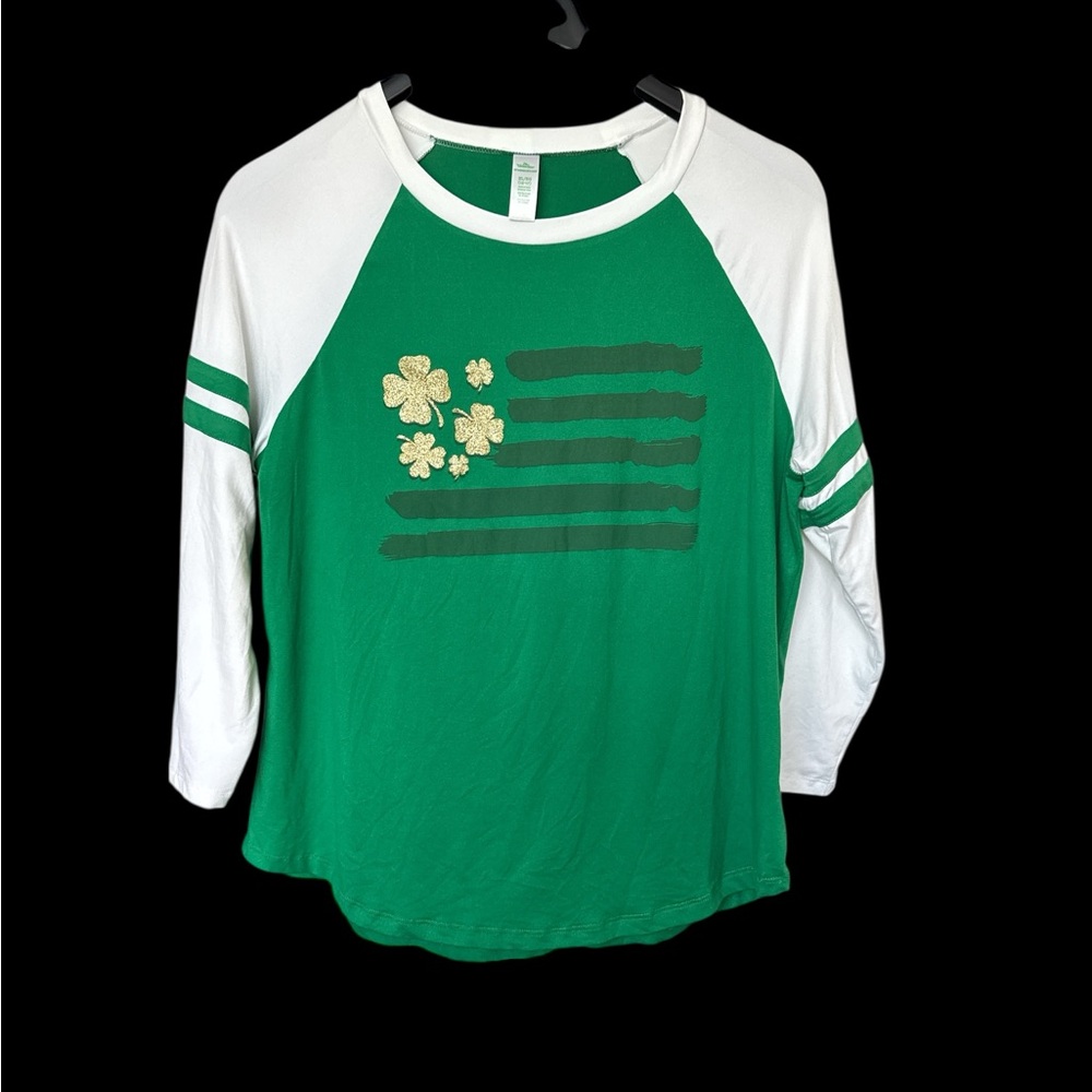 Way to Celebrate Shamrock Baseball Tee XL Green White St Patricks Day Glitter